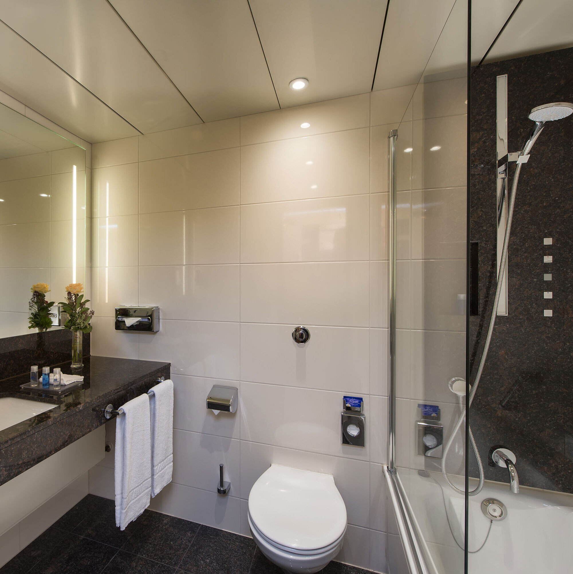 Spacious bathroom with shower, toilet, mirror and granite sink at the Maritim Hotel Stuttgart