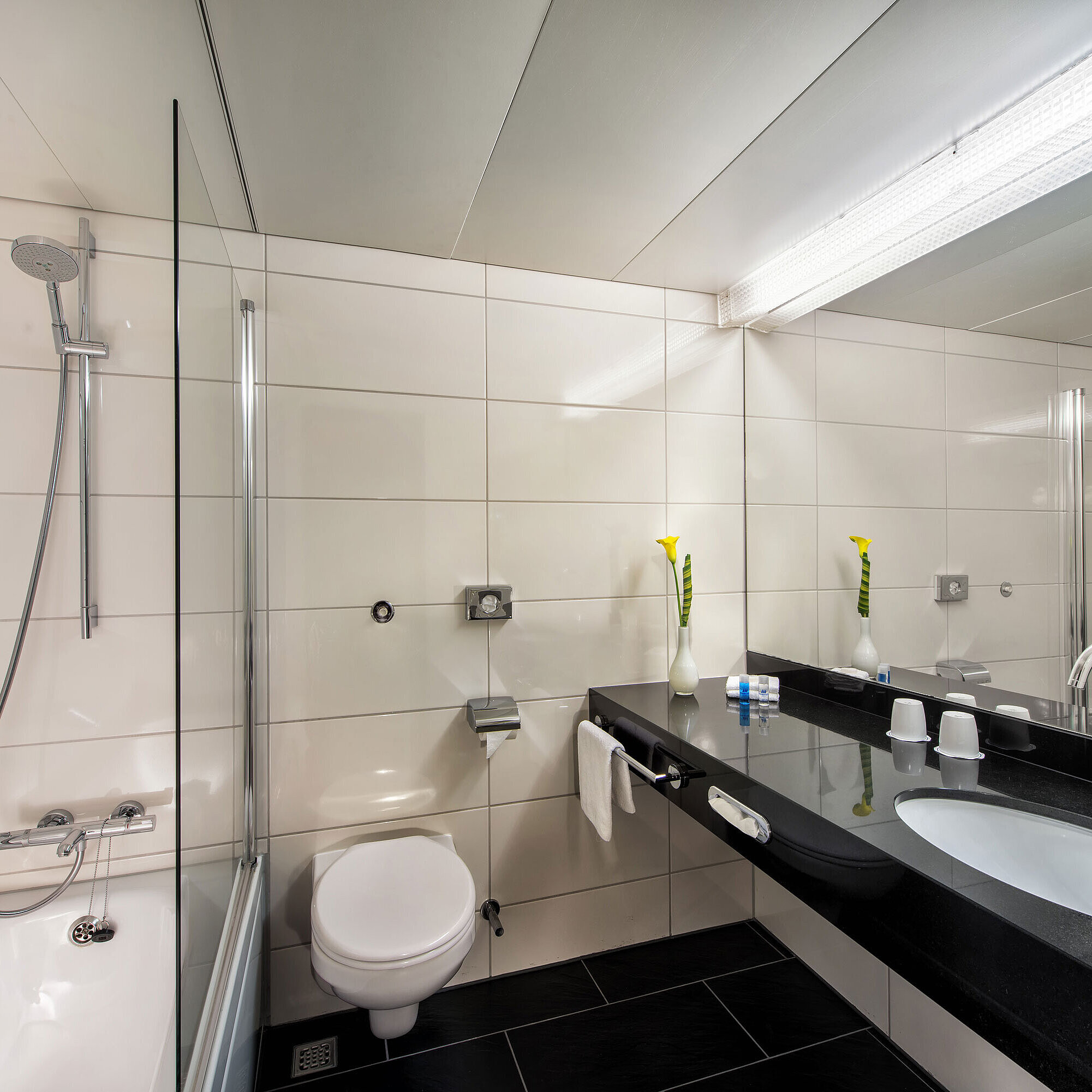 Bathroom at the Maritim Hotel Kiel with bathtub, glass shower screen, washbasin and large mirror on a black shelf.
