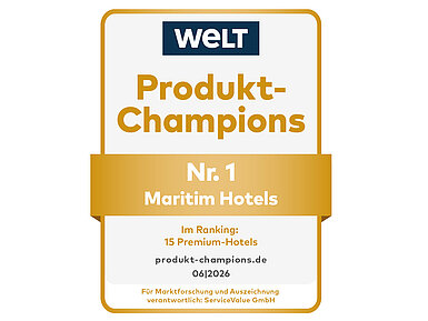 “WELT Product Champions” award seal recognising Maritim Hotels as No. 1.