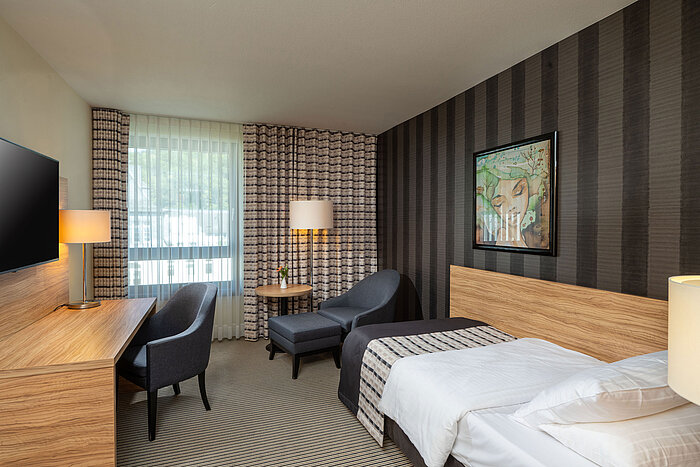 Classic Single room at Maritim Hotel Königswinter with a single bed, seating area and large window.