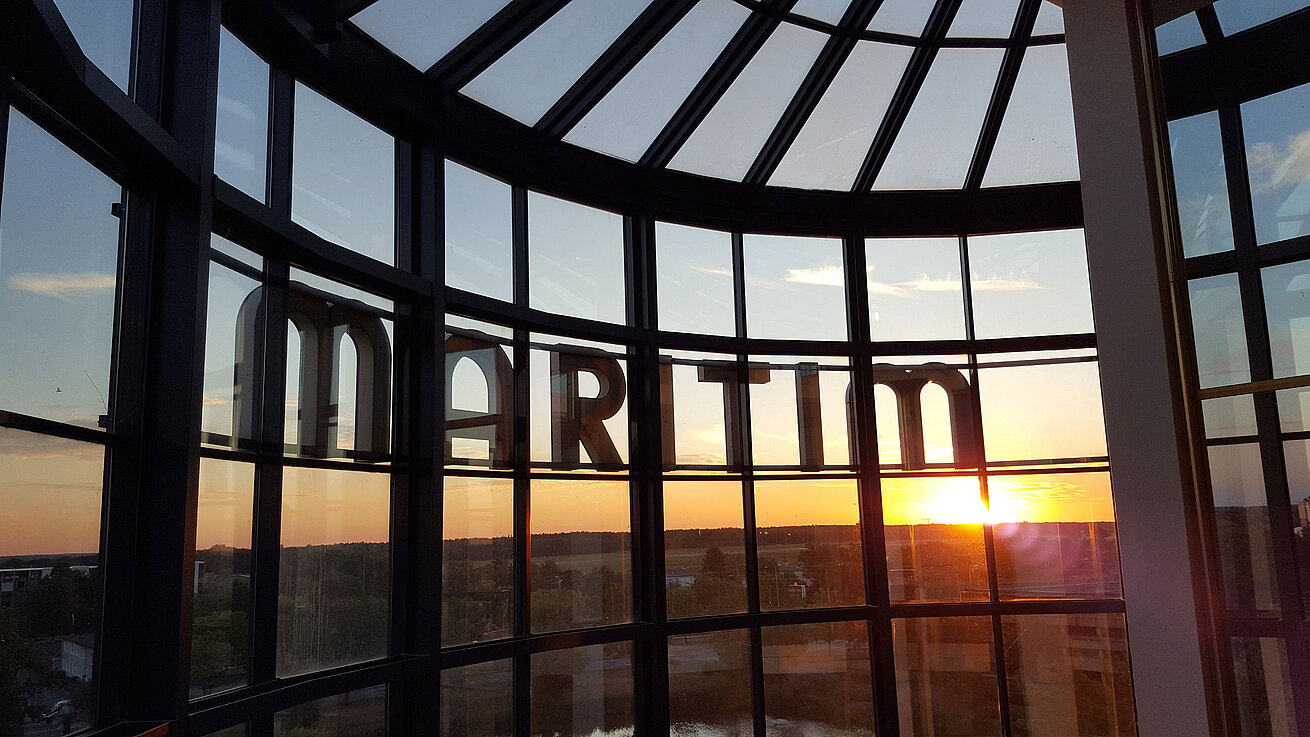 Spectacular sunset view through the glass facade of Maritim Hotel Hannover.