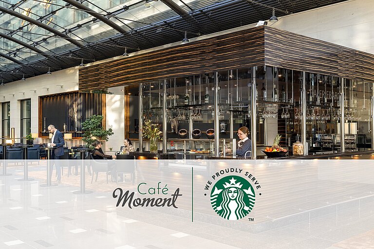 Café Moment with modern counter, seating area and Starbucks coffee selection