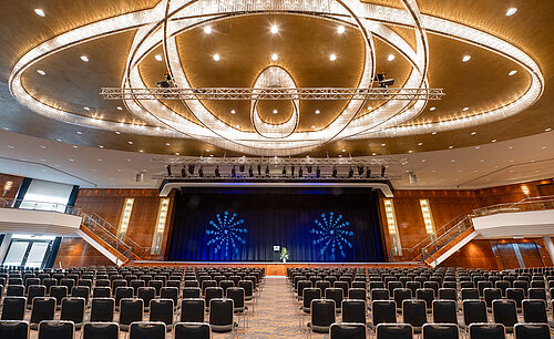 Grand ballroom with stage and impressive chandelier at Maritim Hotel Düsseldorf