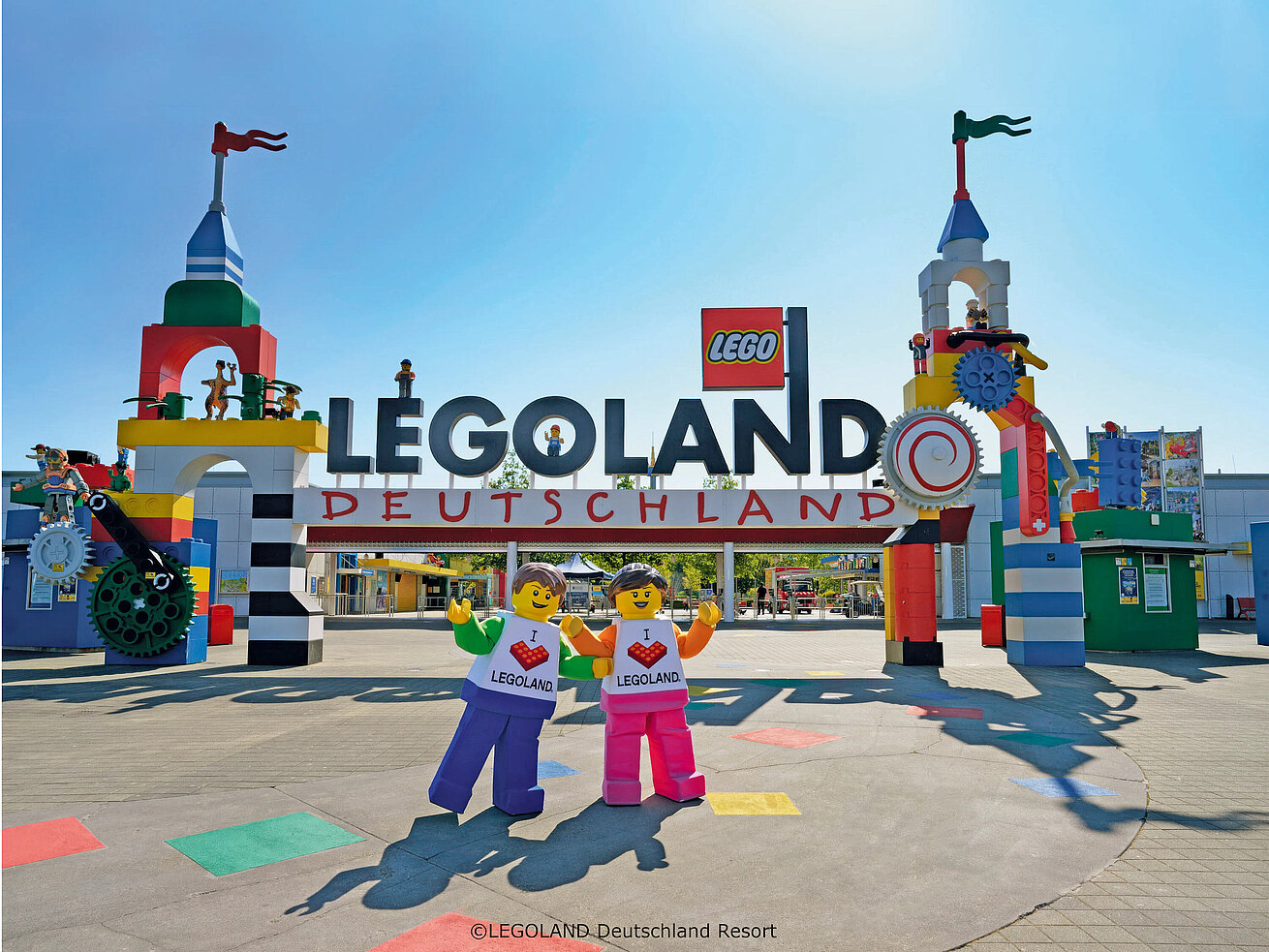 Entrance LEGOLAND Germany with colourful gate and LEGO figures family theme park attraction