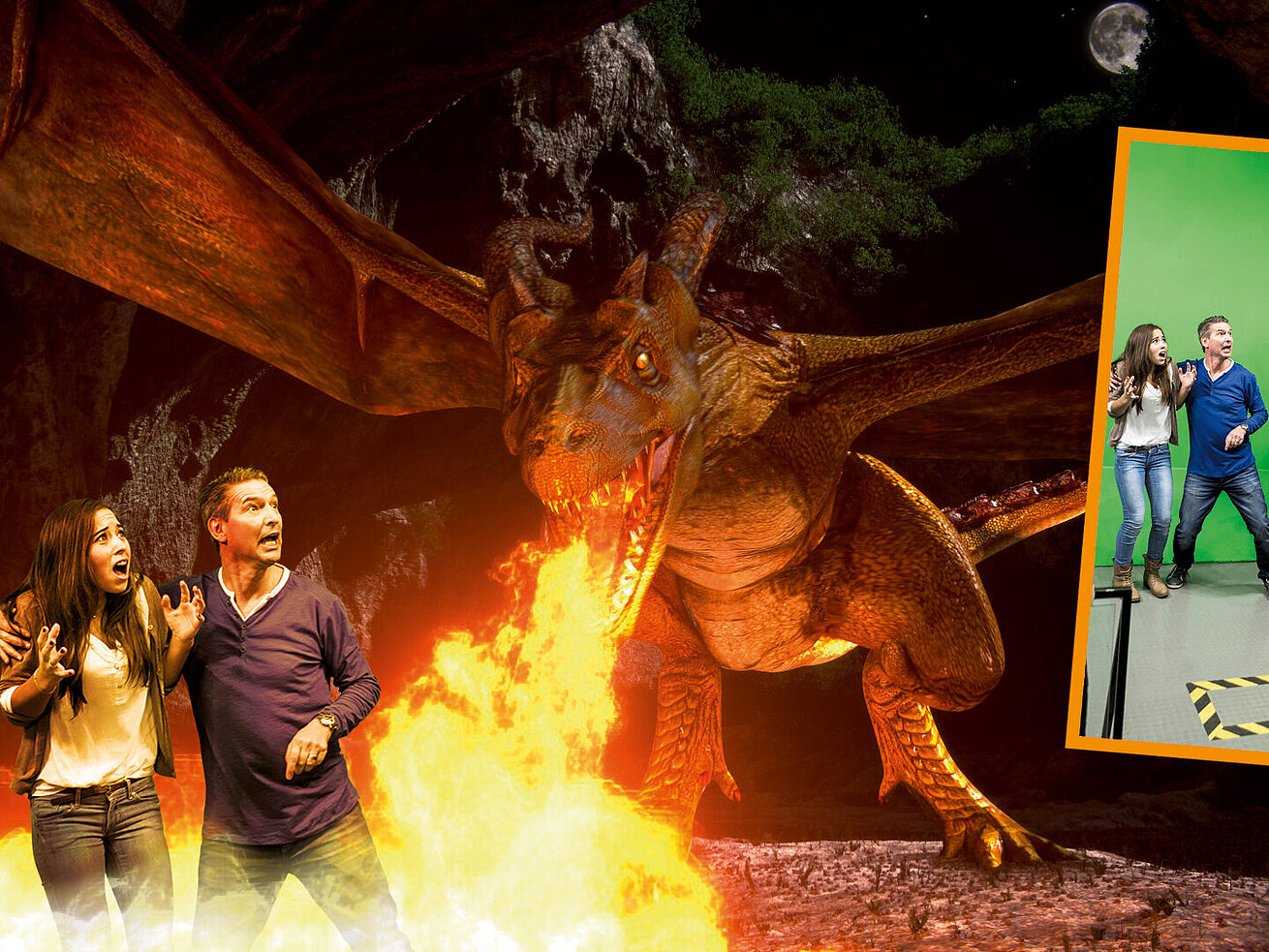 Visitors experience a film scene with a fire-breathing dragon in an interactive green screen attraction