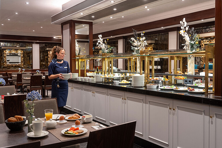 Event restaurant with breakfast buffet and modern interior