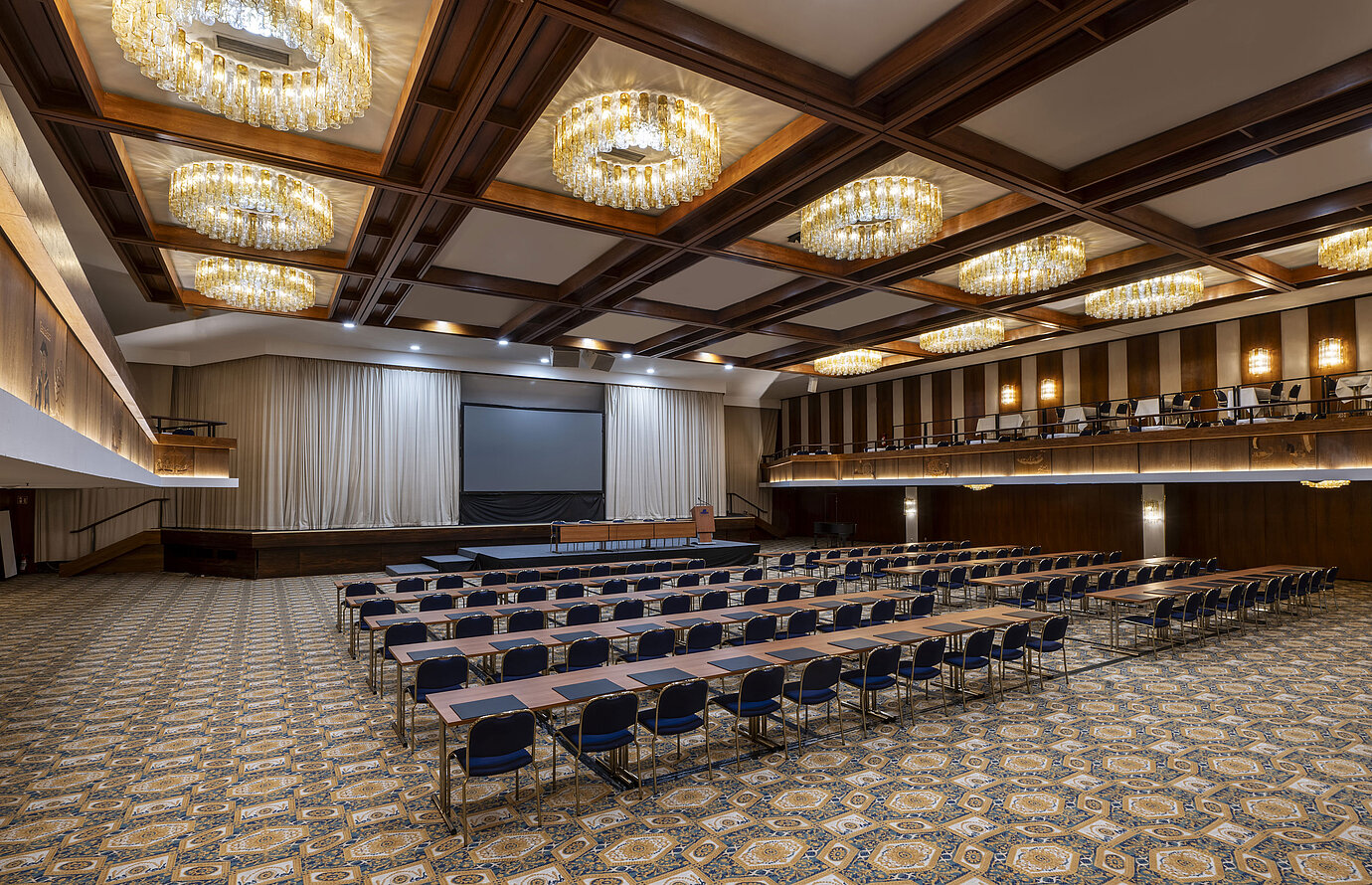 Spacious hall with stage, screen and row seating at Maritim Hotel Travemünde