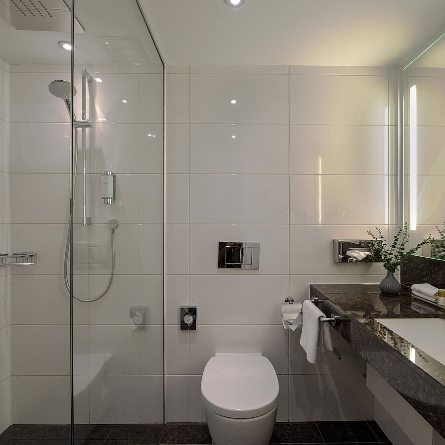 Modern bathroom in Maritim Hotel Darmstadt with glass shower, elegant sink counter, and stylish details.