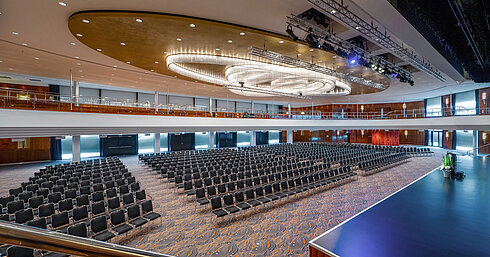 Grand ballroom with stage, gallery and modern lighting at Maritim Hotel Düsseldorf