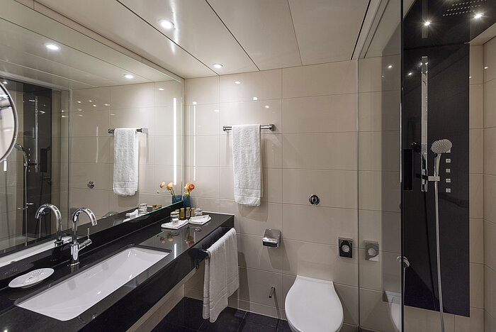 Elegant shower bathroom with large mirror and black highlights at Maritim Hotel Ulm