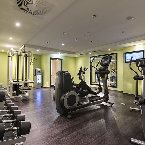 Modern gym at Maritim Hotel Königswinter with treadmills, dumbbells, and training equipment.