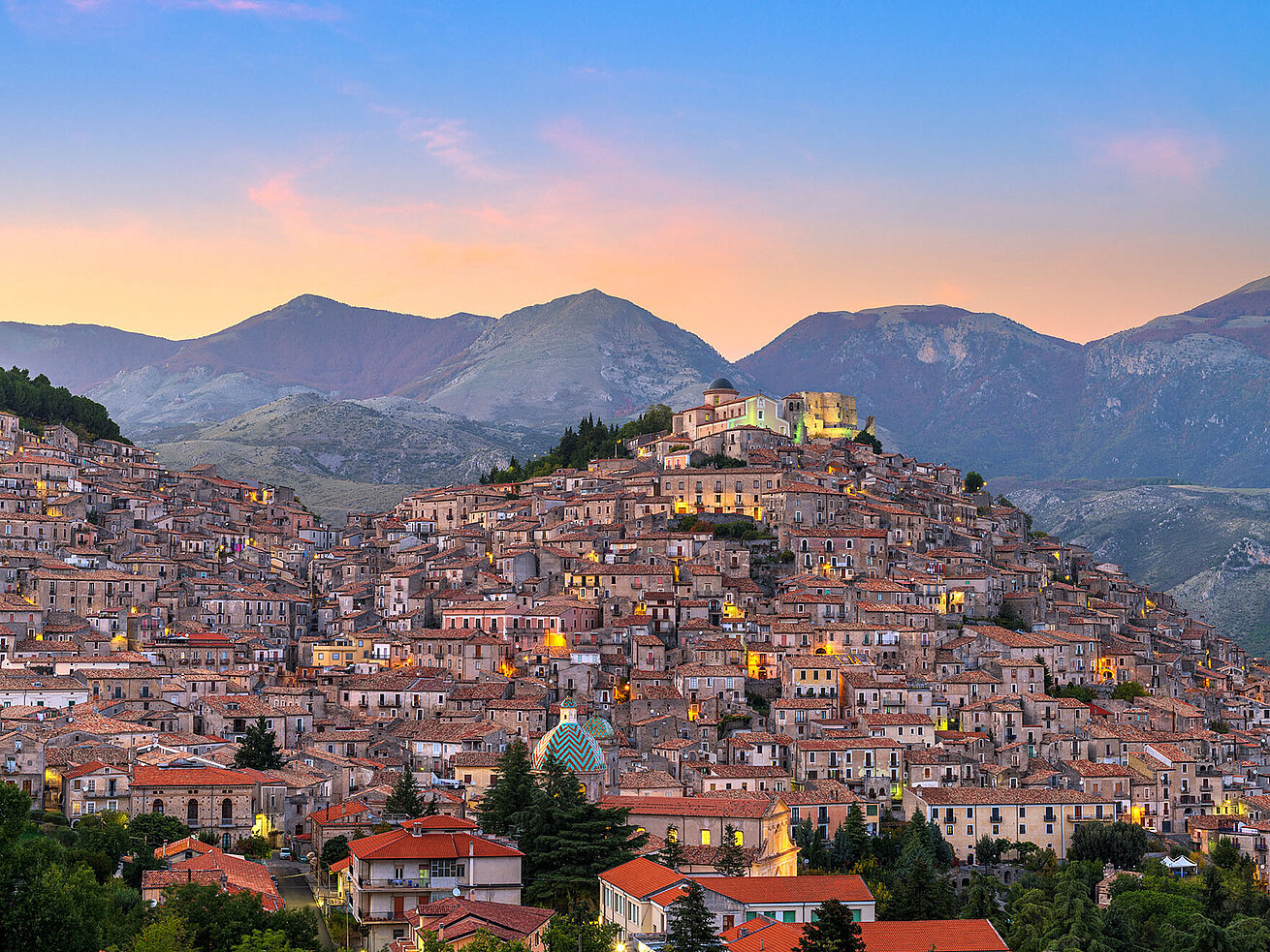 Mountain village of Morano Calabro in Italy with historic houses and mountain landscape