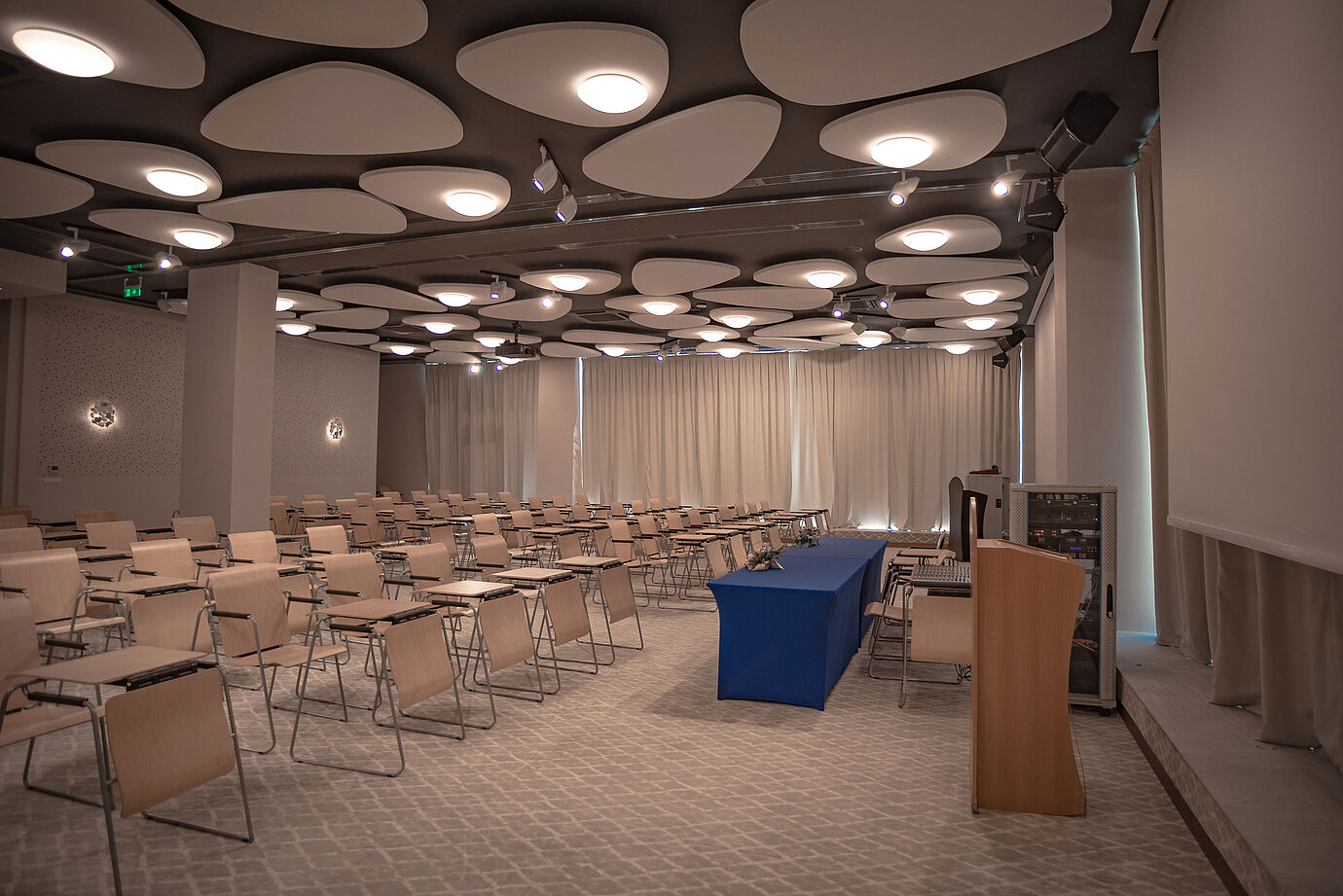 Large conference room with lectern, row seating and modern ceiling lighting