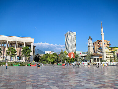 View of Skanderbeg Square with Maritim Hotel Plaza Tirana in the city centre