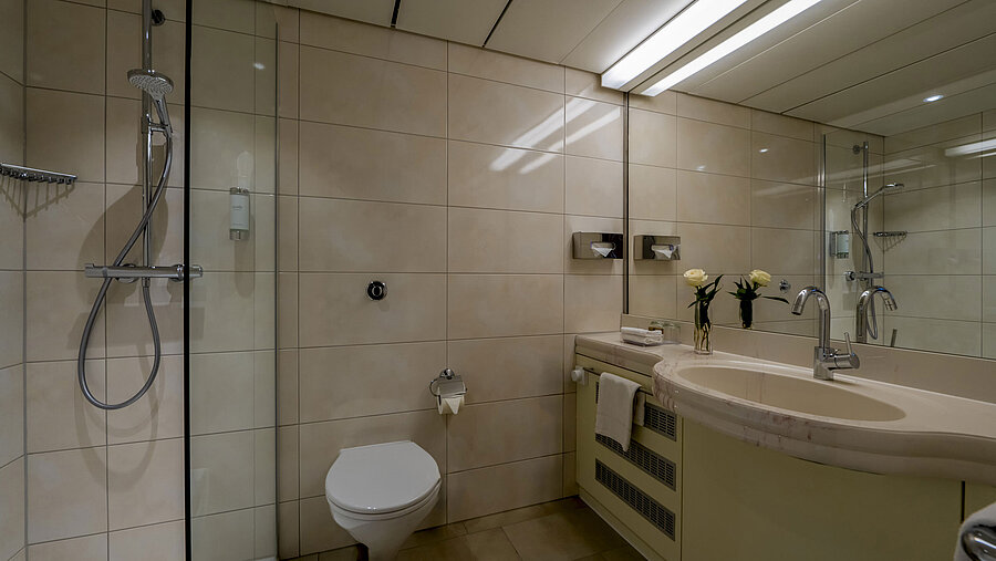 Modern bathroom with shower, double sink, and large mirror wall, elegantly and functionally designed
