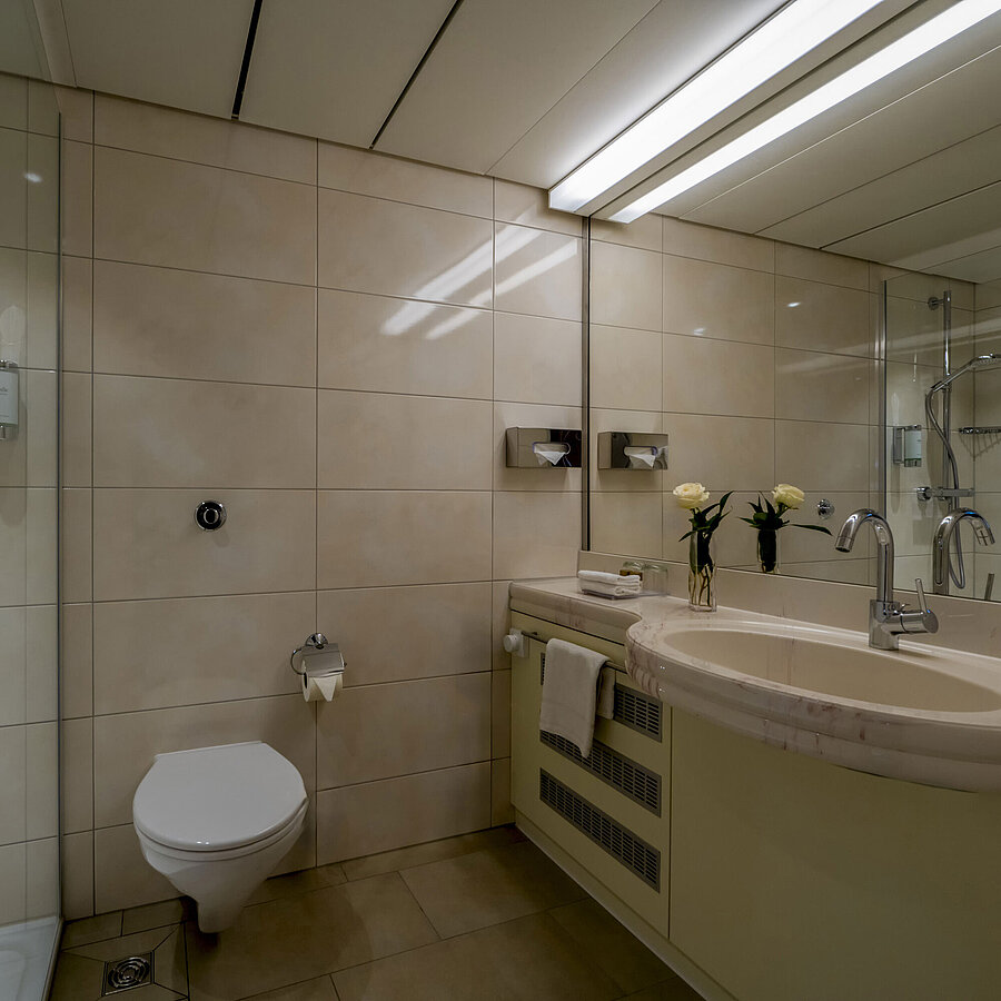 Modern bathroom with shower, double sink, and large mirror wall, elegantly and functionally designed