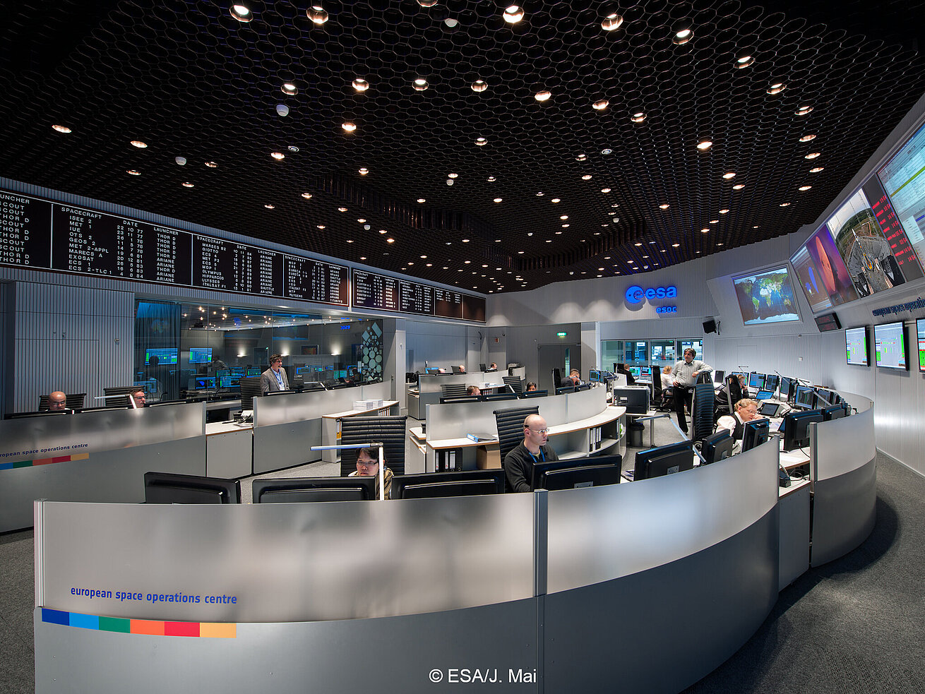 ESA control room at European Space Operations Centre with engineers monitoring satellites and mission data