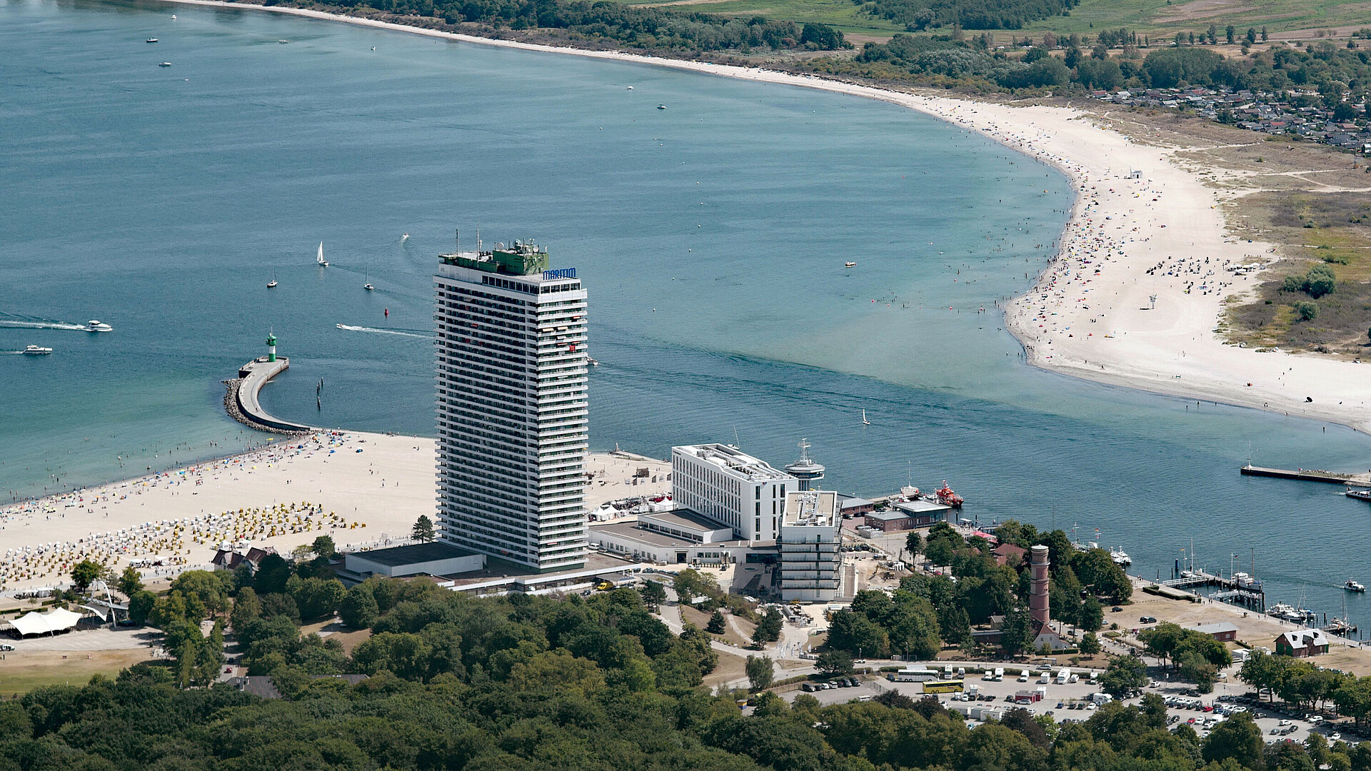 Aerial view of Maritim Hotel Travemünde by the beach with view of the Bay of Lübeck