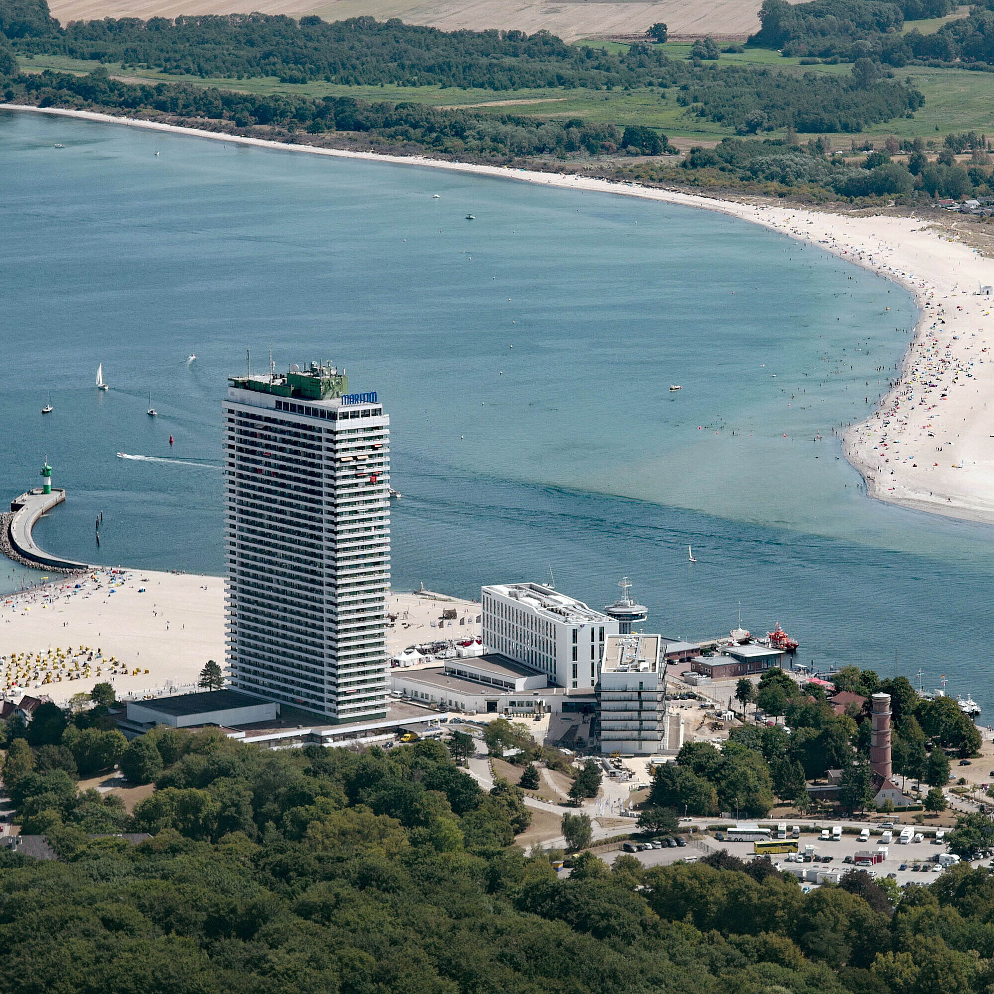 Aerial view of Maritim Hotel Travemünde by the beach with view of the Bay of Lübeck