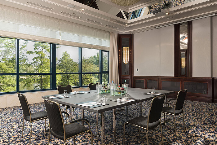Bright conference room at Maritim Hotel Hannover with large windows, green view, and elegant business setup.