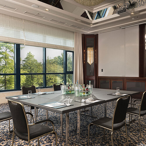 Bright conference room at Maritim Hotel Hannover with large windows, green view, and elegant business setup.