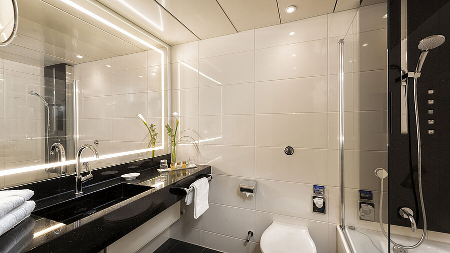 Modern bathroom with shower and bathtub at Maritim Hotel Bonn, featuring elegant fixtures and mirror lighting