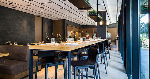 Bright restaurant with high wooden tables, modern chairs and hanging plants at Maritim Hotel Plaza Tirana