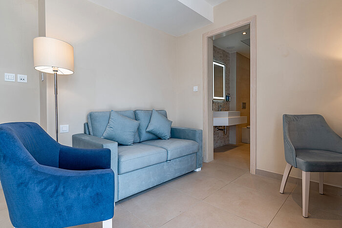 Modern living area with sofa, armchair and access to the bathroom