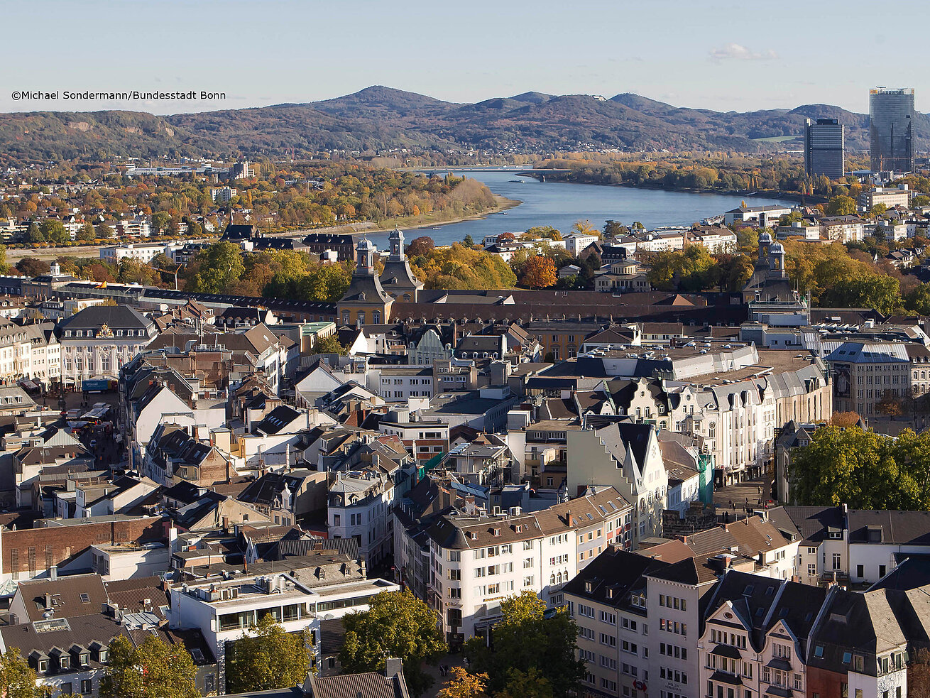 Panoramic view of Bonn with the Rhine river, historic buildings and autumn colours