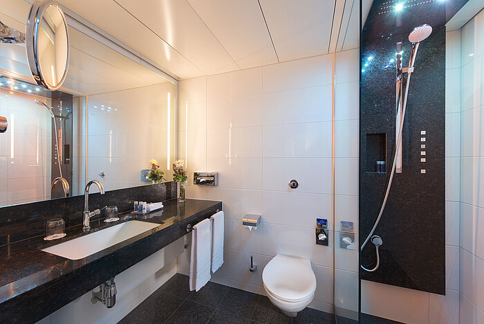 Spacious bathroom with shower, toilet, mirror and granite sink at the Maritim Hotel Stuttgart