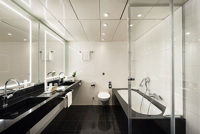Elegant bathroom with double sinks, bathtub, and modern fixtures at Maritim Hotel Bonn, stylish and functional.