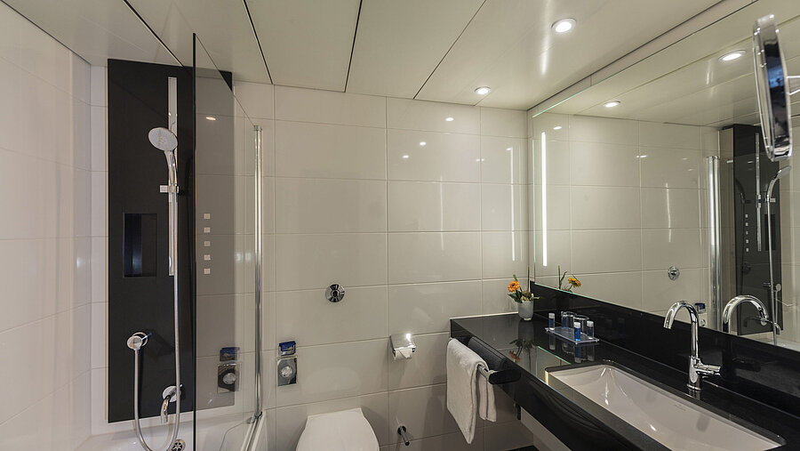 Modern bathroom with large shower, stylish sink, and premium fittings at Maritim Hotel Königswinter.