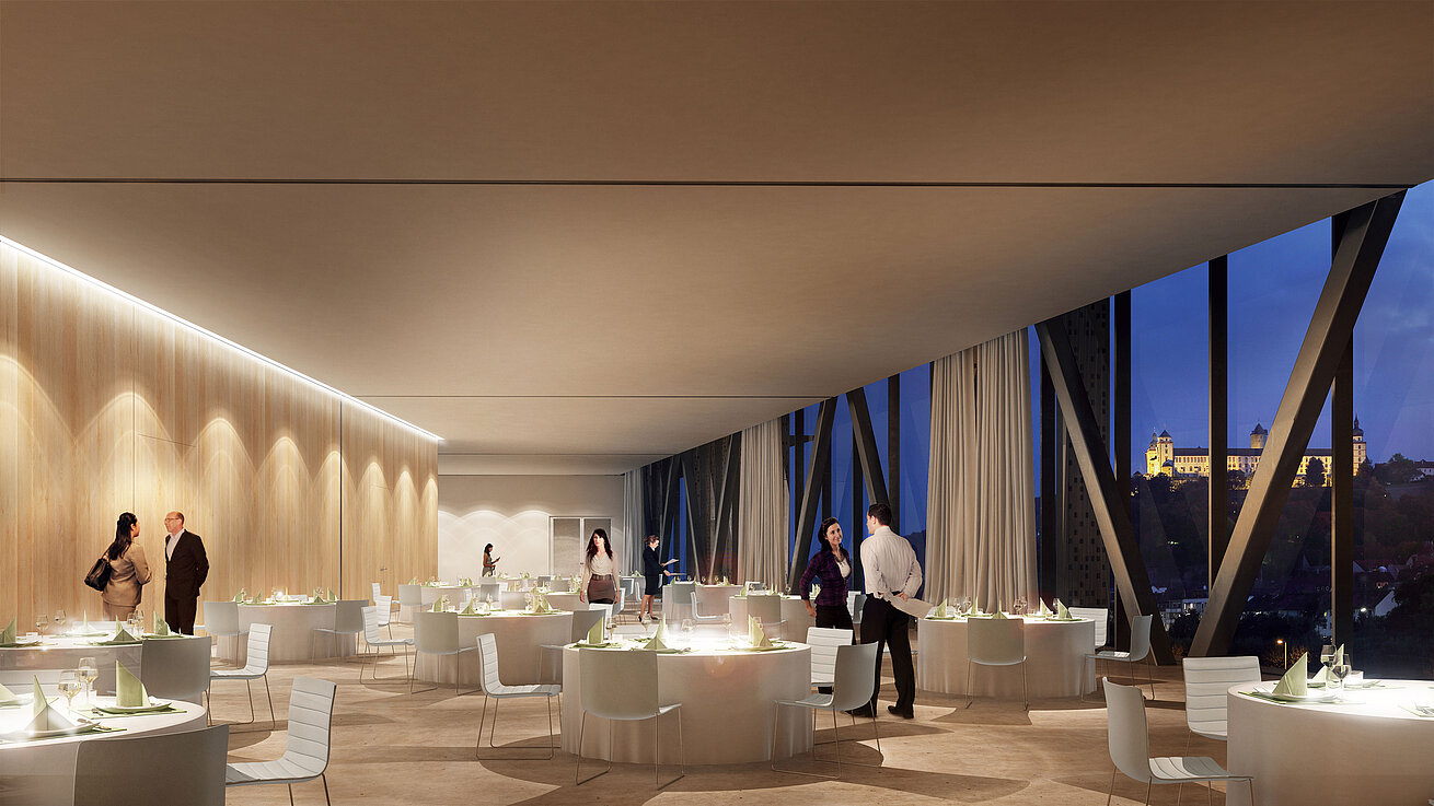 Modern conference in Würzburg with elegant event space, set tables and view of the fortress