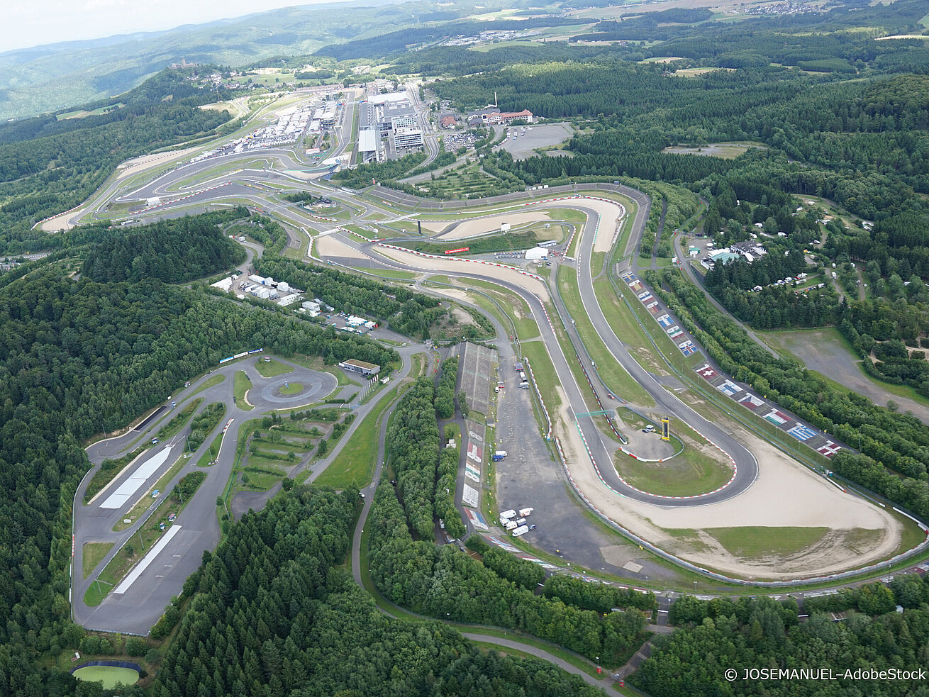 Aerial view of the Nürburgring in the Eifel, famous motorsport racetrack in Germany