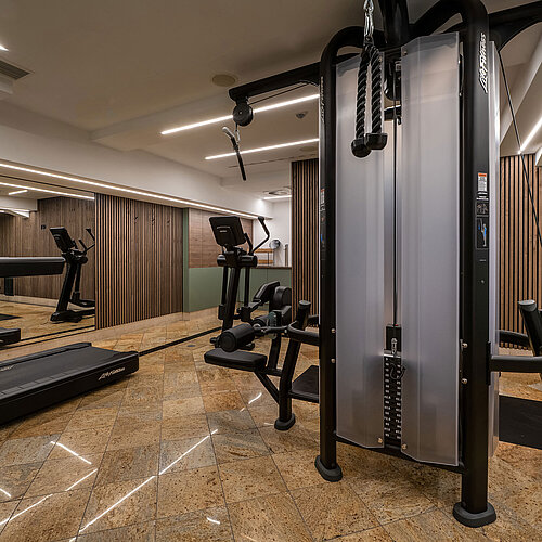 Fitness room Modern gym at Maritim Hotel Dresden with fitness equipment and weights.