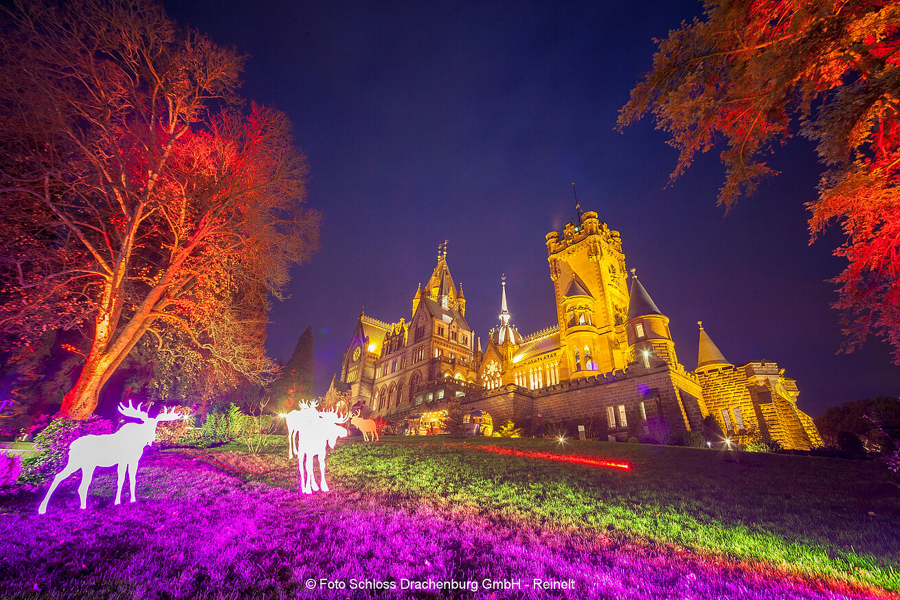 Drachenburg Castle at night with illumination and park landscape at Drachenfels