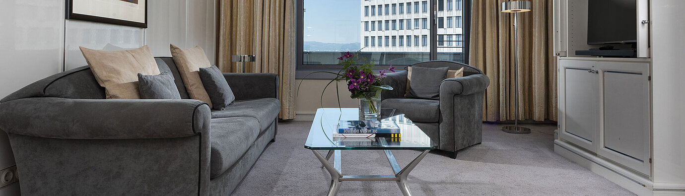 Spacious Executive Suite at Maritim Hotel Frankfurt with elegant decor, cozy seating area, and panoramic window.