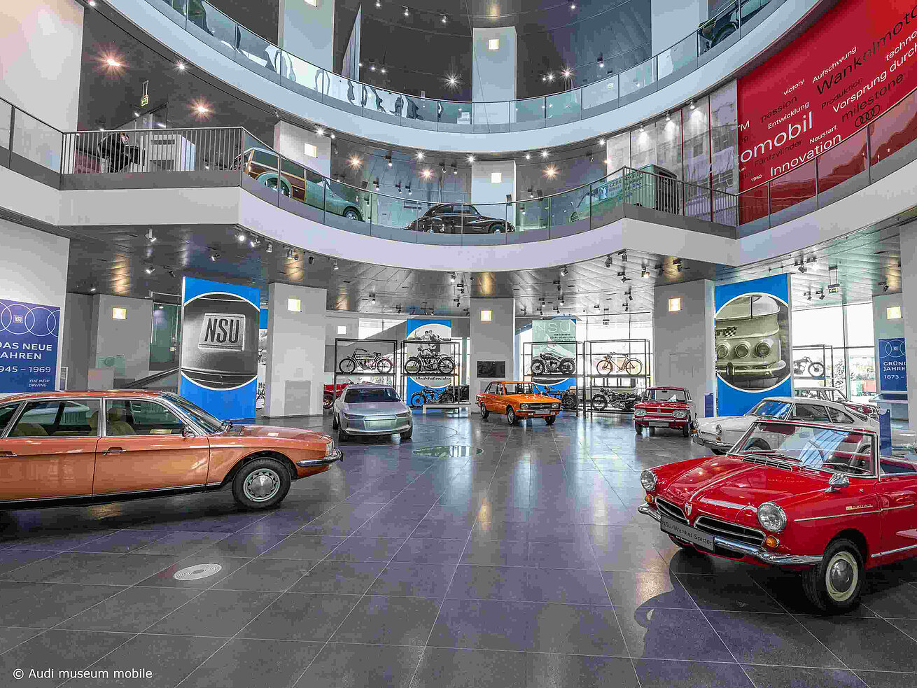 Audi Museum mobile exhibition hall with historic cars and displays