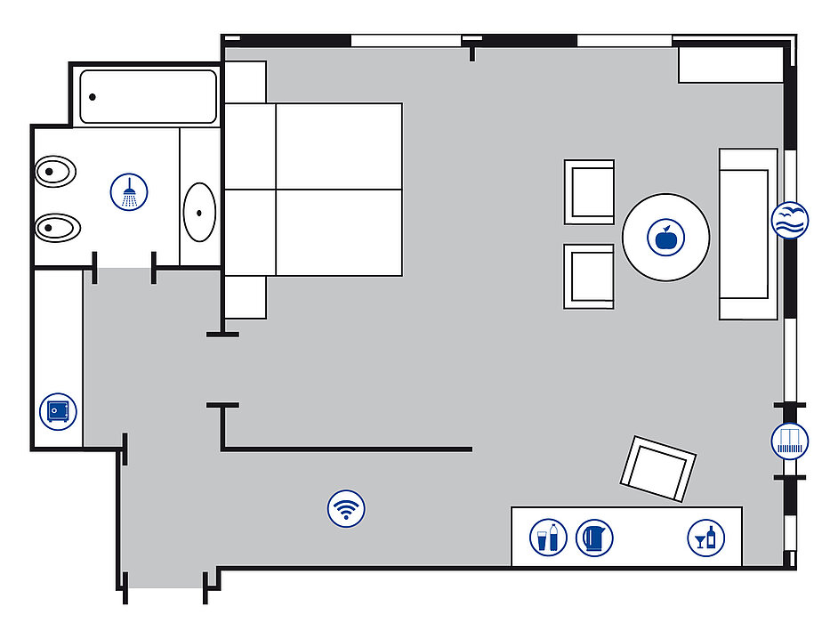 Room floor plan Junior suite at the Maritim Hotel Bellevue Kiel