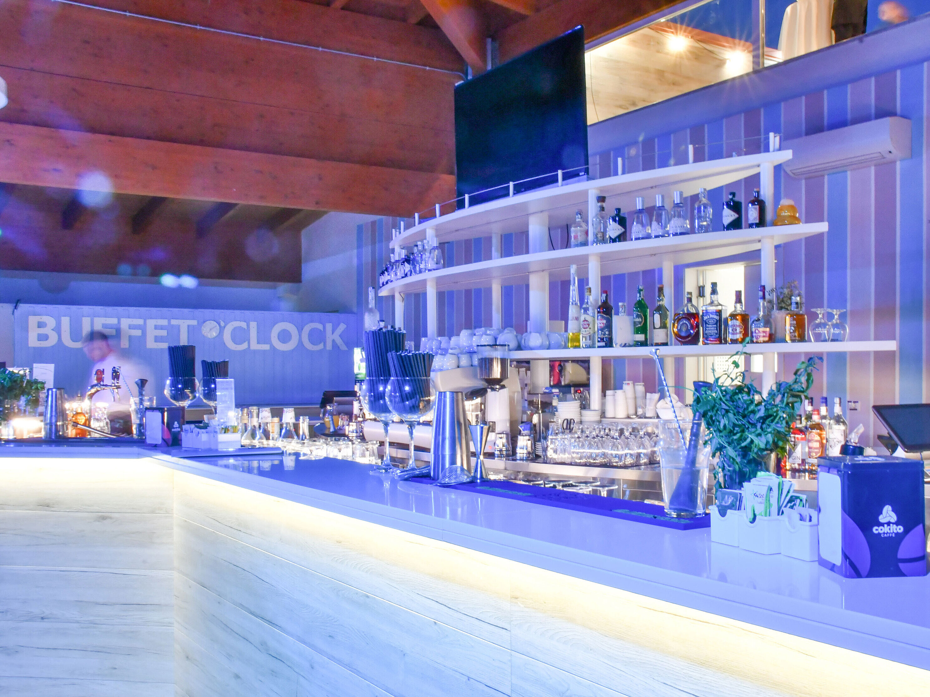 Modern illuminated bar at the Maritim Resort Calabria in the evening