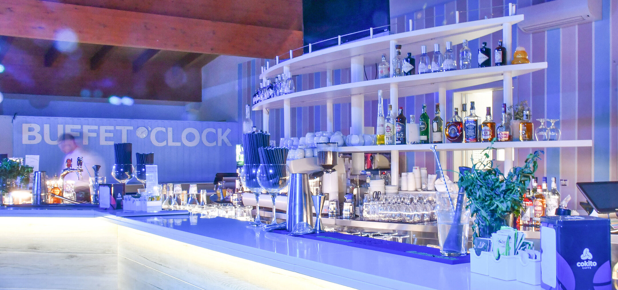 Modern illuminated bar at the Maritim Resort Calabria in the evening